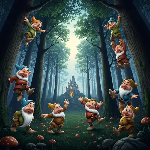 Whimsical Enchanted Forest with Seven Dwarfs