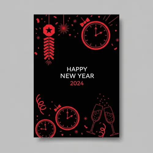 Sleek Black & Red New Year 2024 Holiday Card Design