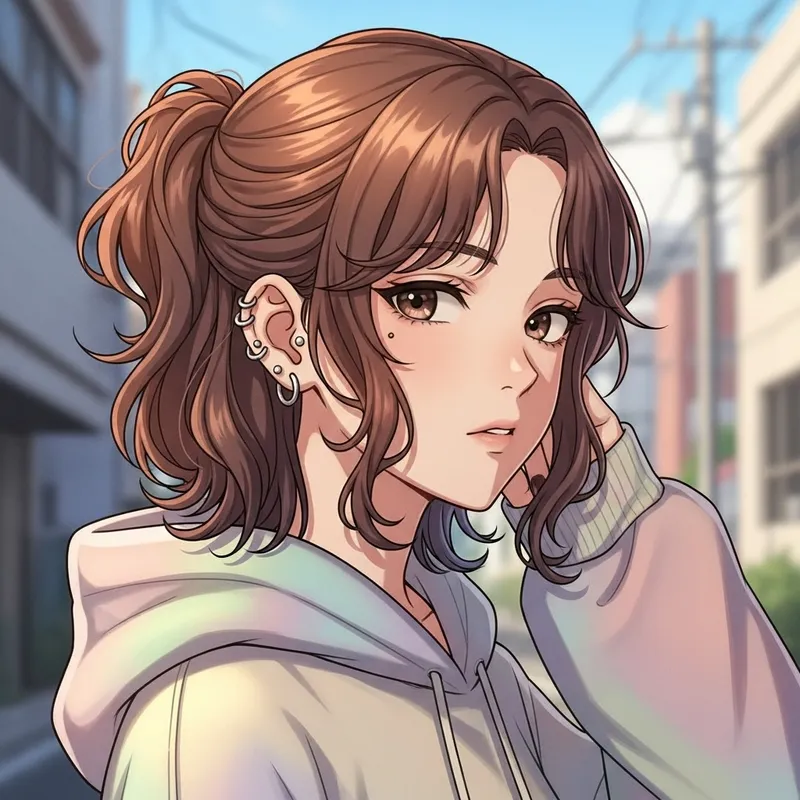 Nonchalant Anime Girl with Brown Hair and Subtle Piercings
