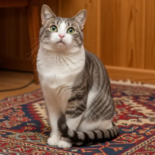 Domestic Short-Haired Cat Sitting on Cozy Patterned Rug