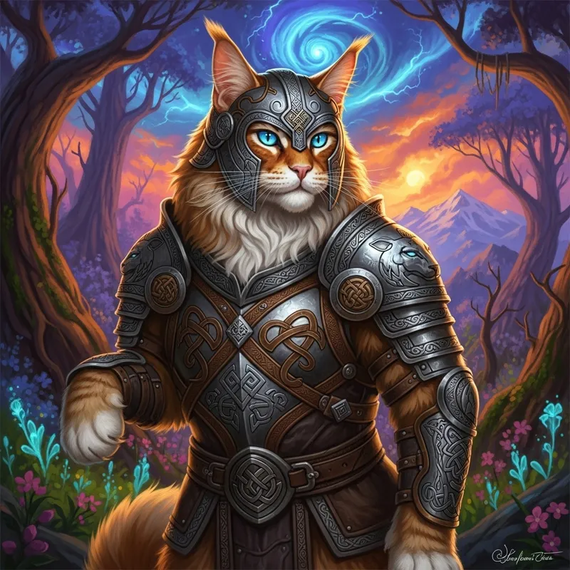 Majestic Nordic Armor Cat | Fantasy-Inspired Digital Painting