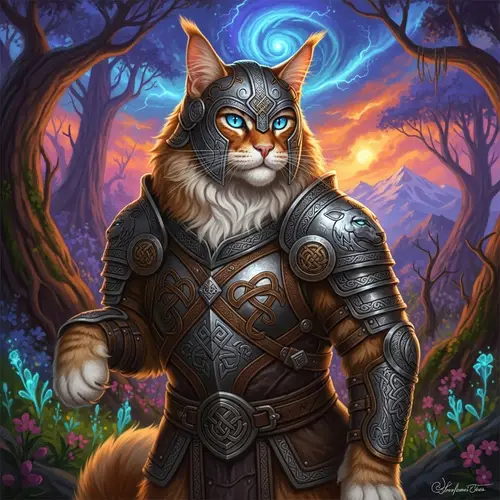 Majestic Nordic Armor Cat | Vibrant Fantasy Digital Art