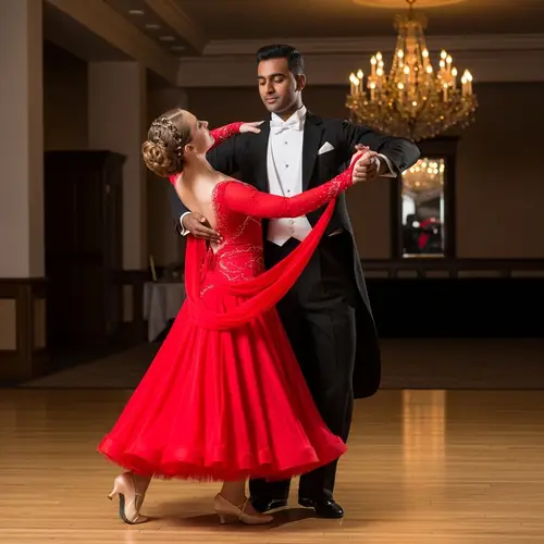 Graceful Waltz Dance: Elegant Couple on Polished Wooden Floor