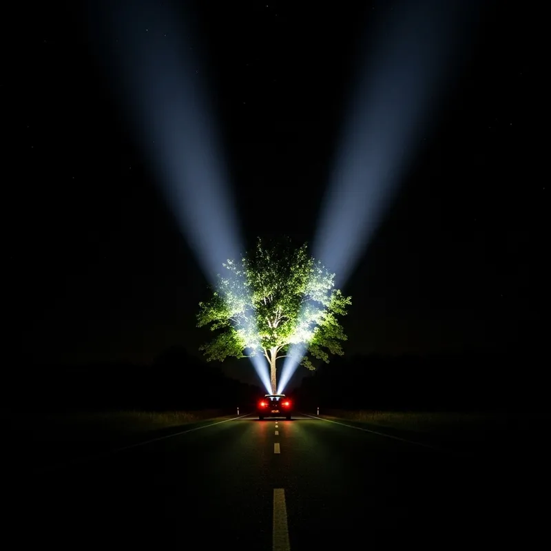 Surreal Tree Headlights Projection in Night Scene Surreal Tree Headlights Projection in Night Scene