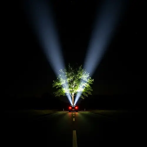Surrealistic Tree Projection on Desolate Night Road