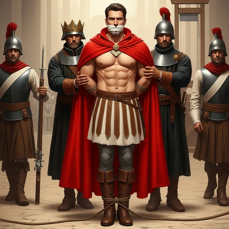 Strong White Bearded Prince in Vibrant Red Cape and Brown Boots Strong White Bearded Prince in Vibrant Red Cape and Brown Boots