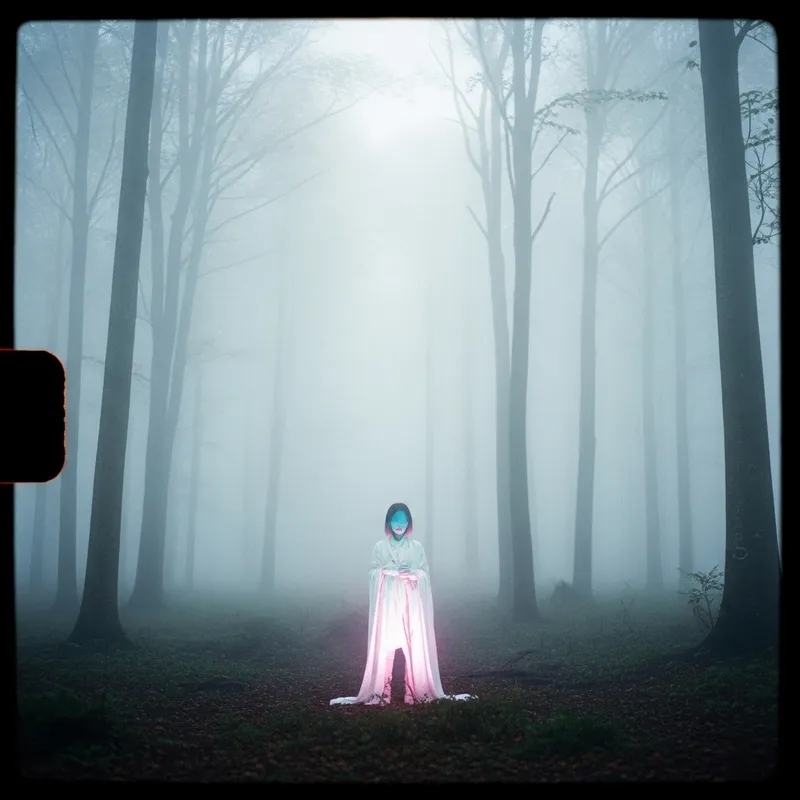 Surreal Ethereal Forest: Mysterious Figure in Dream-like Scene
