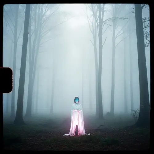 Ethereal Foggy Forest: Mysterious Figure in Serene Setting