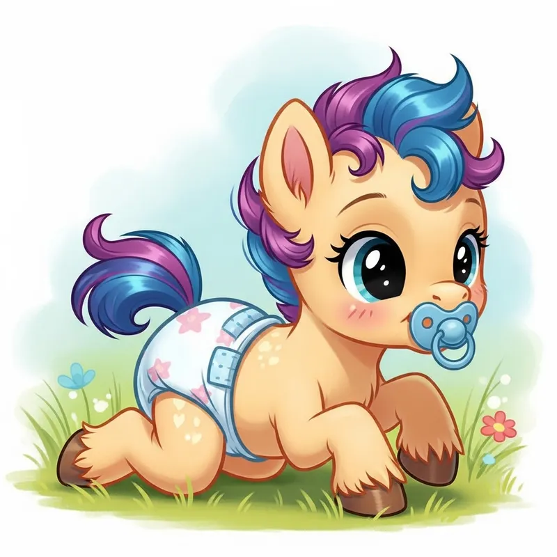 Adorable 3-Month-Old Pony in Colorful Diaper Playing and Crawling