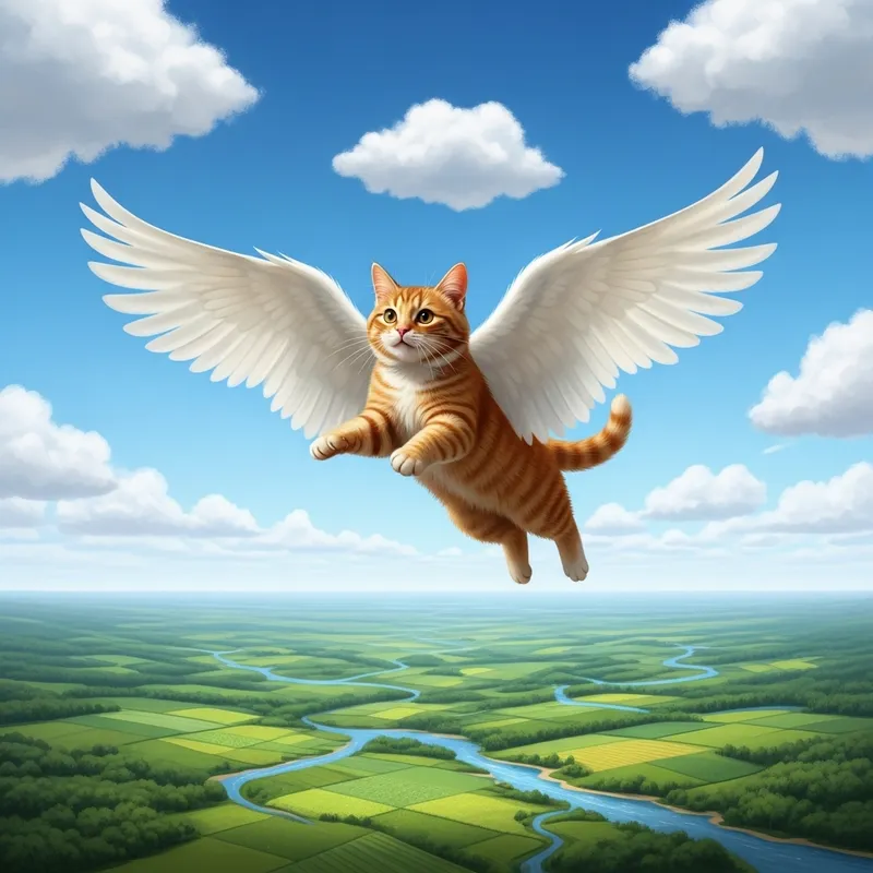 Ginger Cat With Wings Soars in Blue Sky