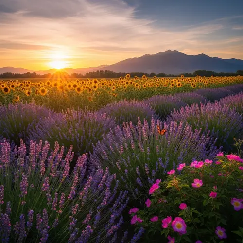 Tranquil Meadow at Sunset with Lavender, Sunflowers, and Monarch Butterfly