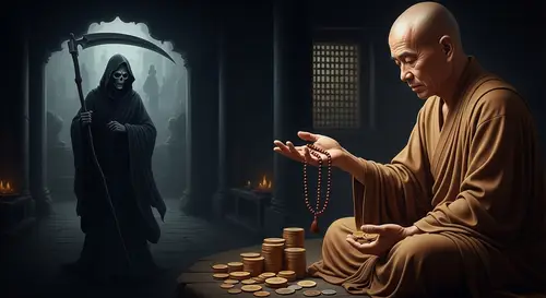 Buddhist Disciple & Grim Reaper: Illusion of Status & Wealth