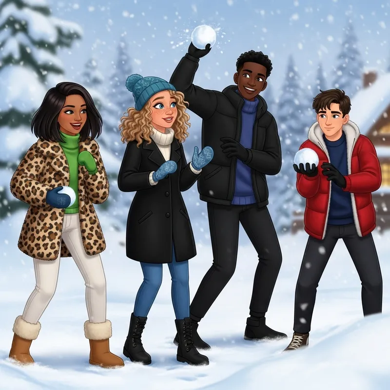 Disney Style Winter Snowball Fight: Best Friends in Leopard and Red Jackets