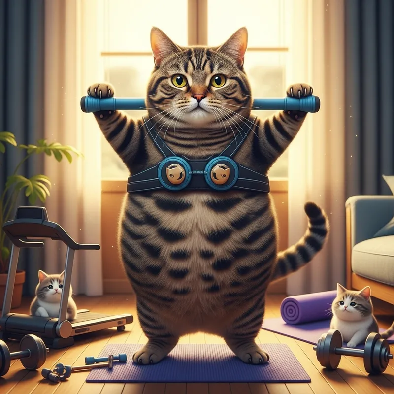 Chubby Tabby Cat Working Out | Tiny Gym Equipment Atmosphere