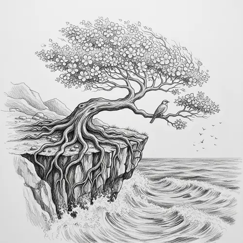 Tenacious Pencil Art: Gnarled Tree Defying Elements