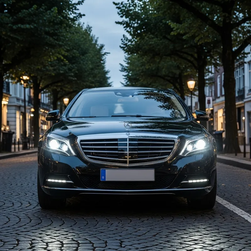 Luxury Mercedes-Benz-Inspired Black Automobile on Cobblestone Street Luxury Mercedes-Benz-Inspired Black Automobile on Cobblestone Street
