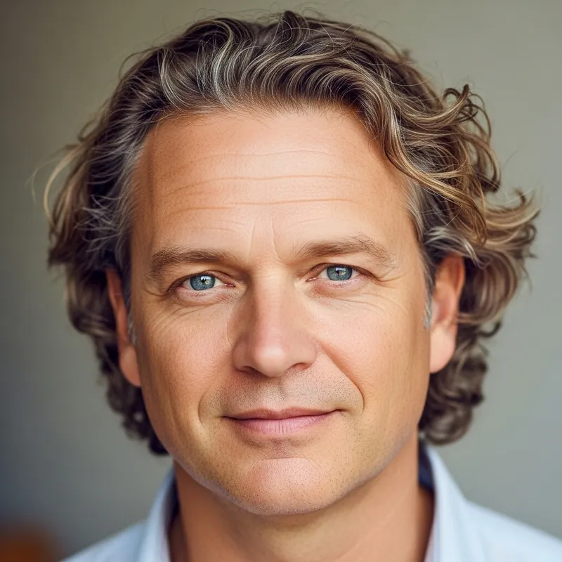 Handsome Blonde Man with Clear Eyes and Curly Hair - Around 50 Years Old