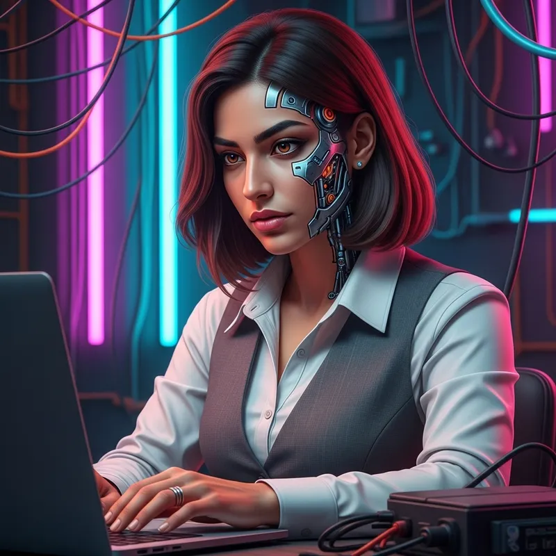 Futuristic Cyberpunk Middle-Eastern Woman Working on Laptop with Neon Wires