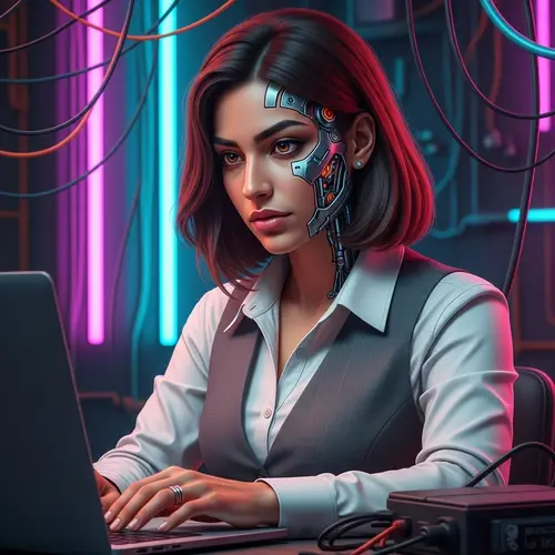Futuristic Middle-Eastern Woman Working on Laptop in Neon Environment