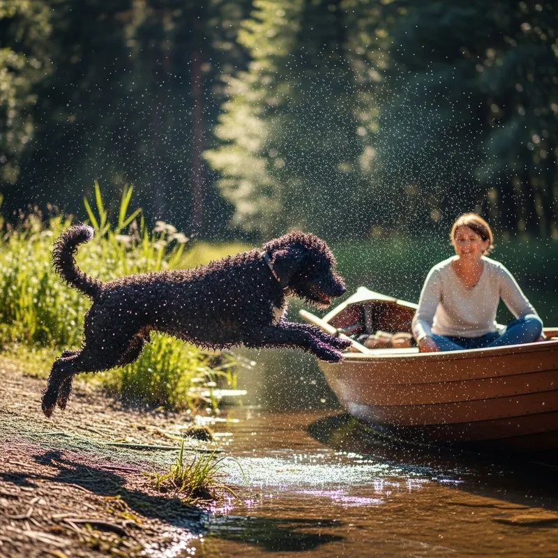 Portuguese Water Dog Leaping with Prism Effect in Woodland Glade