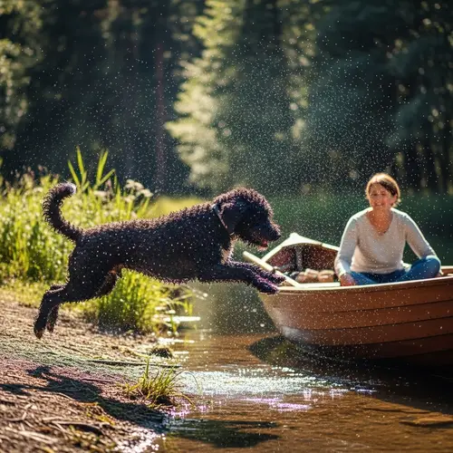 Portuguese Water Dog Leaping in Woodland Glade | Unique Prism Effect