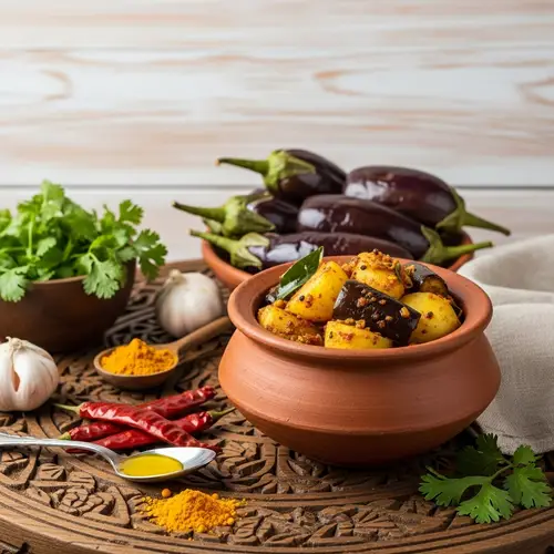 Aalu Baigan Indian Culinary Dish | Traditional Kitchen Scene