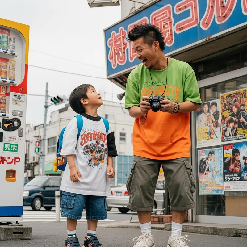 Early 2000s Joyful Japanese Father and Son in Urban Setting