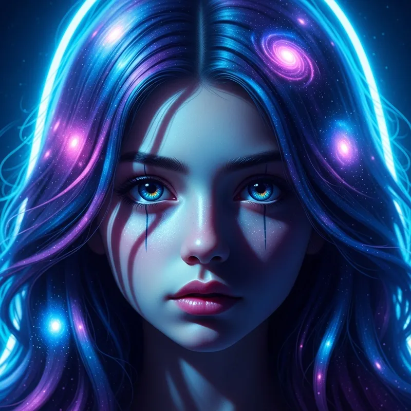 Stunning Cosmic Portrait with Neon Blue Lighting Stunning Cosmic Portrait with Neon Blue Lighting