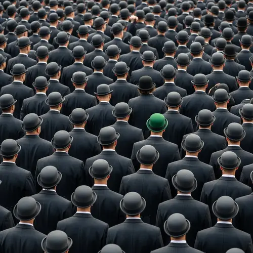 Synchronized Crowd in Suits with Green Hat | Formal Event Attire