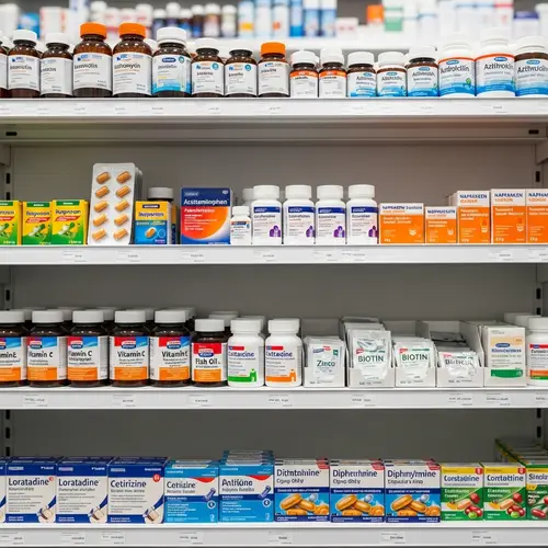 Professional Pharmacy: Assorted Pharmaceuticals Organized on Shelves