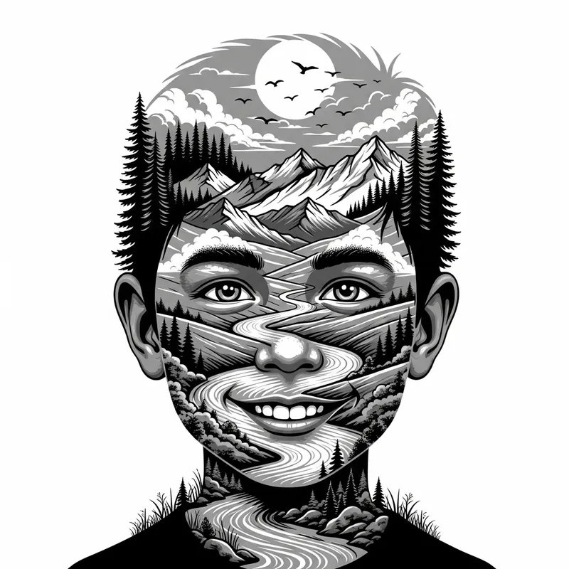 Nature Scene Boy: Unique Monochromatic Stencil Design