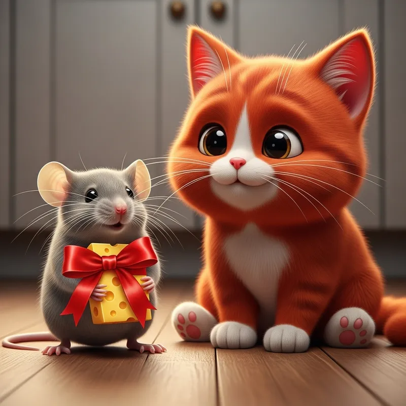 Tiny Gray Mouse with Cheese and Red Cartoon Cat