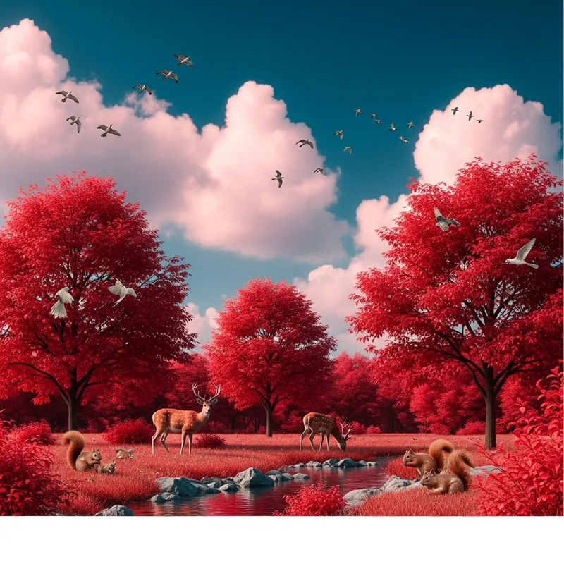 Wild Animals in Utopian Wildlife Scene: Nature, Blue Sky, Red Trees