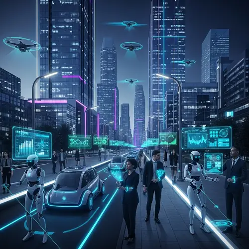 Futuristic Technology Scene: AI Robots, Neon Lights & Smart City