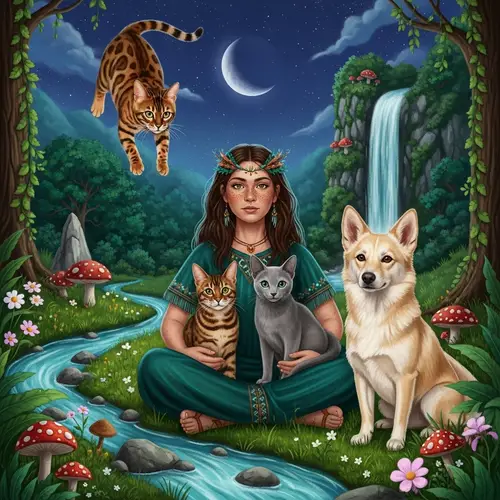 Midnight Sky Scene with Bengal Cats, Shamanic Woman, and Companions