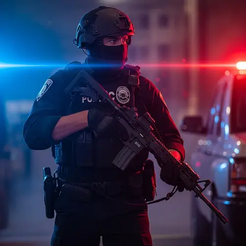 Determined Local Police Officer in Crisis Situation with Long Gun