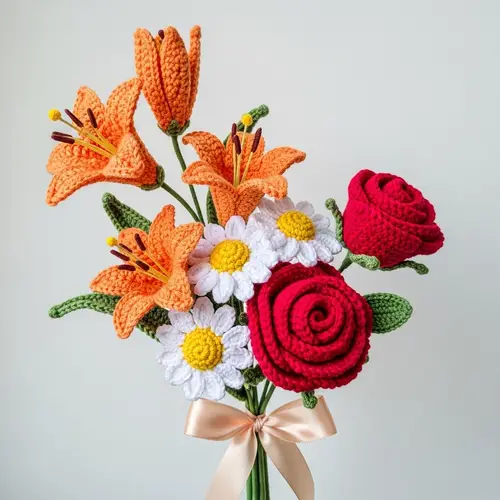 Crochet Lillium, Daisy, Rose Bouquet of Elegance