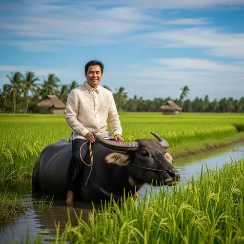 Filipino Man Riding Carabao in Rice Field