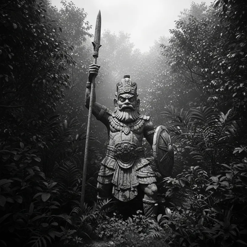 Ancient Warrior Statue Amid Tropical Foliage