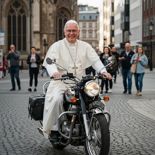 Elderly Religious Figure Riding Retro Motorcycle Through Vibrant City