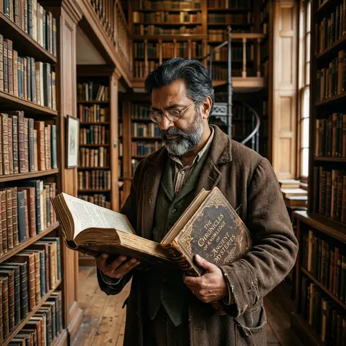 Enigmatic Scholar: Middle-Aged South Asian Book Character