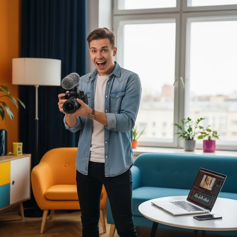Animated Male Vlogger Creating Video in Vibrant Room