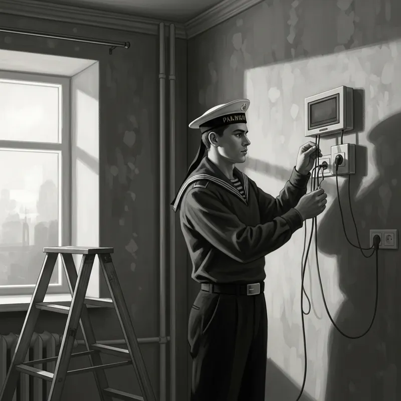 Vintage Russian Sailor Installing Split Systems in Renovated Apartment