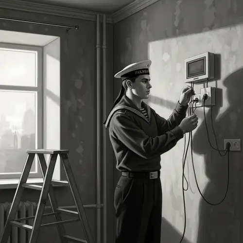 Vintage Russian Sailor Installing Split Systems in Renovated Apartment