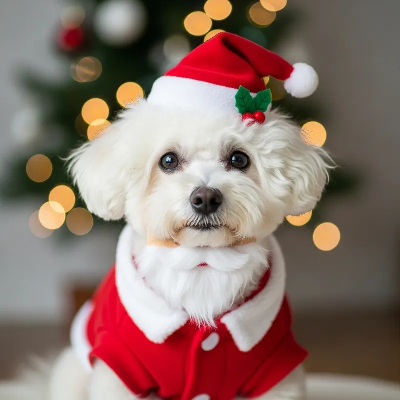 Cute Bichon Frise Dog in Christmas Outfit
