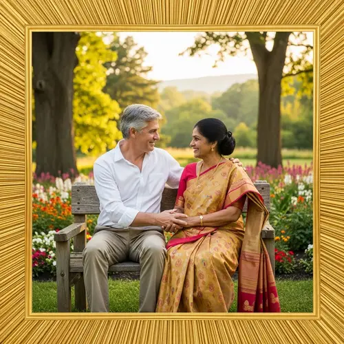 Timeless Moment: Elderly Caucasian Man and South Asian Woman Smiling in Garden