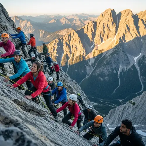 Diverse Group Scaling Steep Mountainside | Epic Climbing Adventure