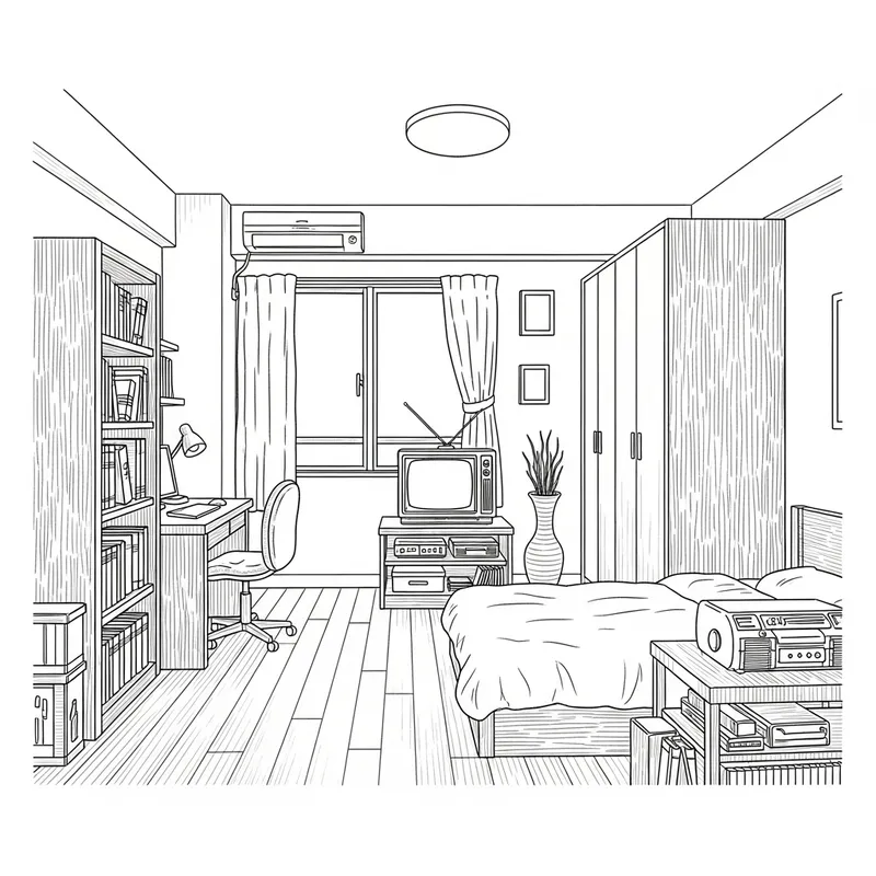 Student Bedroom Setup with Bookshelf, Study Table, Bed, and Closet Student Bedroom Setup with Bookshelf, Study Table, Bed, and Closet