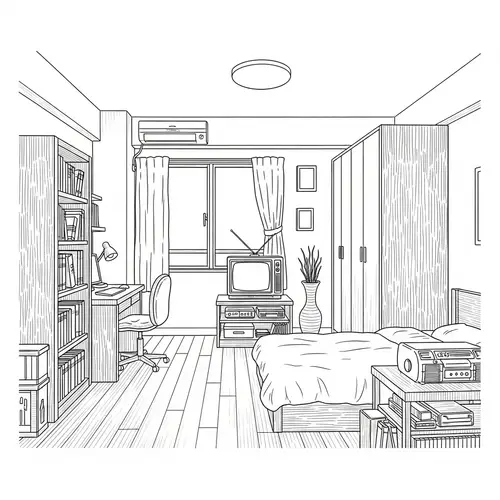 Student Bedroom Setup with Bookshelf, Bed, and Study Table