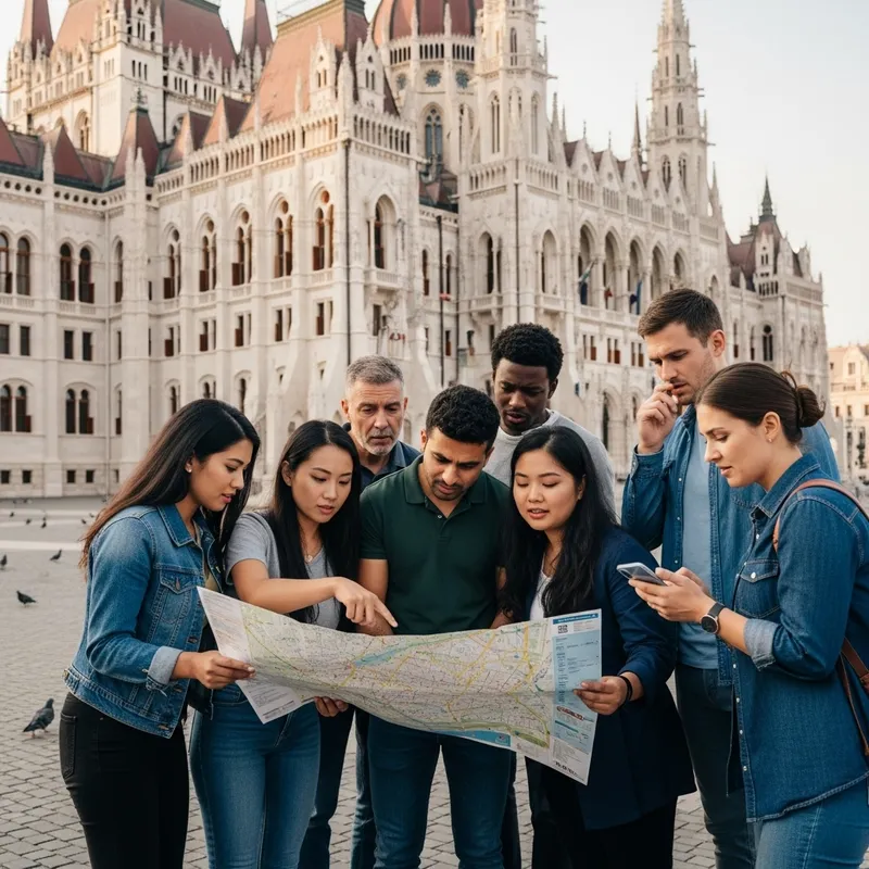 Confused Tourists Navigate Budapest Map at Parliament Building